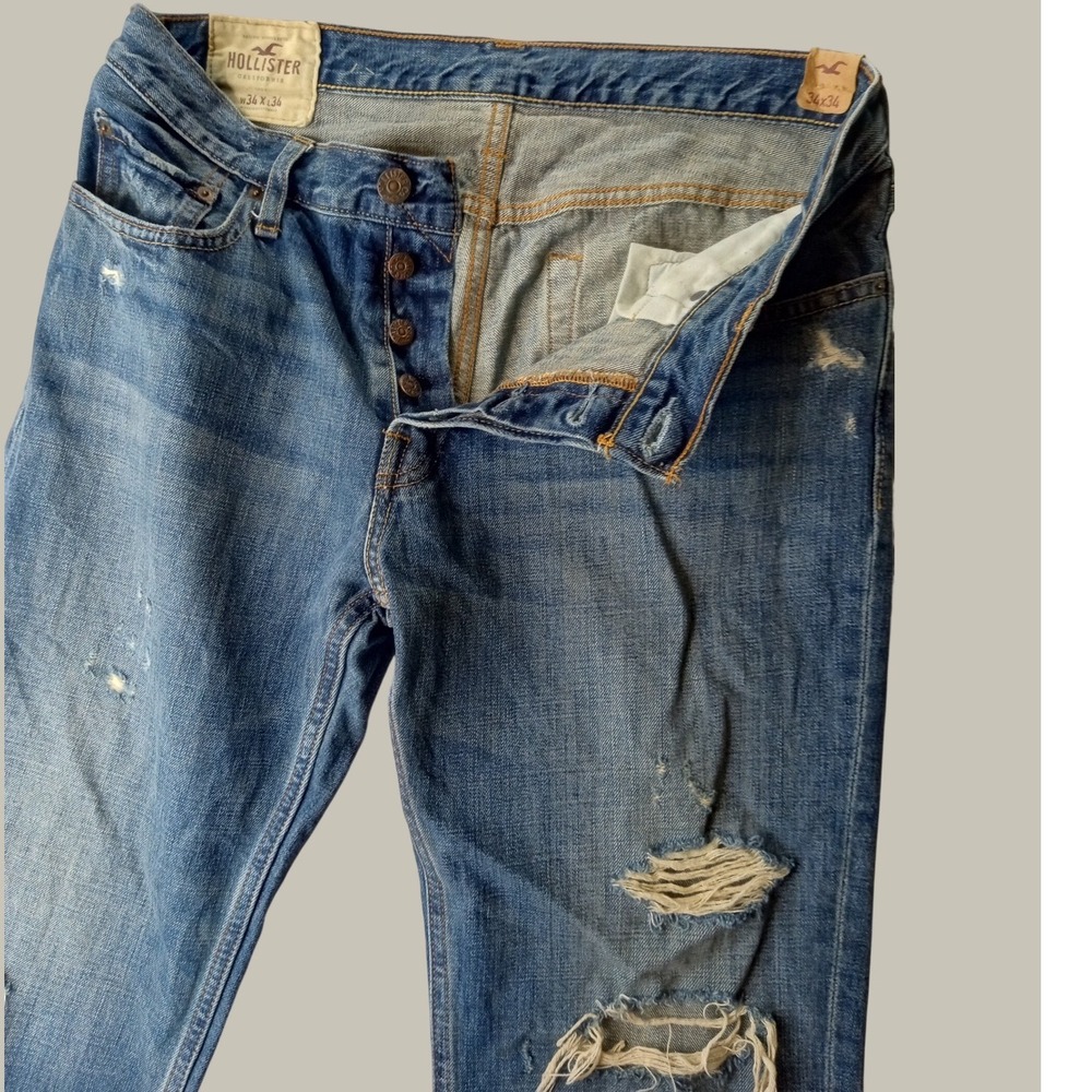 NEW Hollister Jeans Mens 34x34 Button Fly Blue Distressed Slim Straight Leg Prep